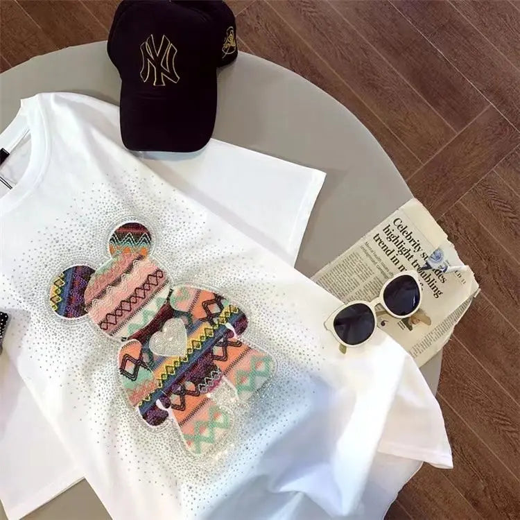 Chic Diamonds Bear Embroidery Cute T Shirts 5XL Oversized Loose Summer Cotton Y2k Tops Japan Kawaii Harajuku White Graphic Tee Street King Limited