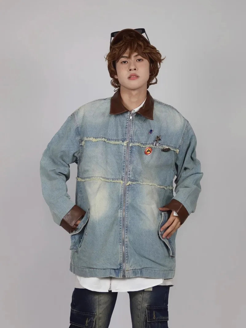 burr edge vintage mens denim jacket spring american patchwork lapel washed cowboy coats loose harajuku couple outwear new unique jeans style 2213