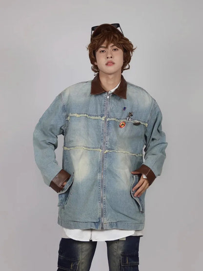 burr edge vintage mens denim jacket spring american patchwork lapel washed cowboy coats loose harajuku couple outwear new unique jeans style 2213