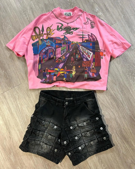 Retro Gothic Cartoon Pattern Oversized T-shirt Women's Spring and Autumn 2024 New Fashion Rock Harajuku Loose Casual y2k Top Street King Limited