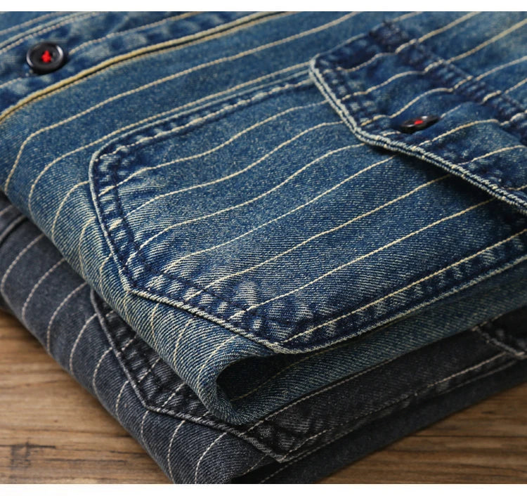 Amekaji VIntage Denim Shirt Men Spring Autumn New Lapel Multi-pocket Blue Striped Long Sleeve Cargo Shirt  Casual Cardigan Tops Street King Limited