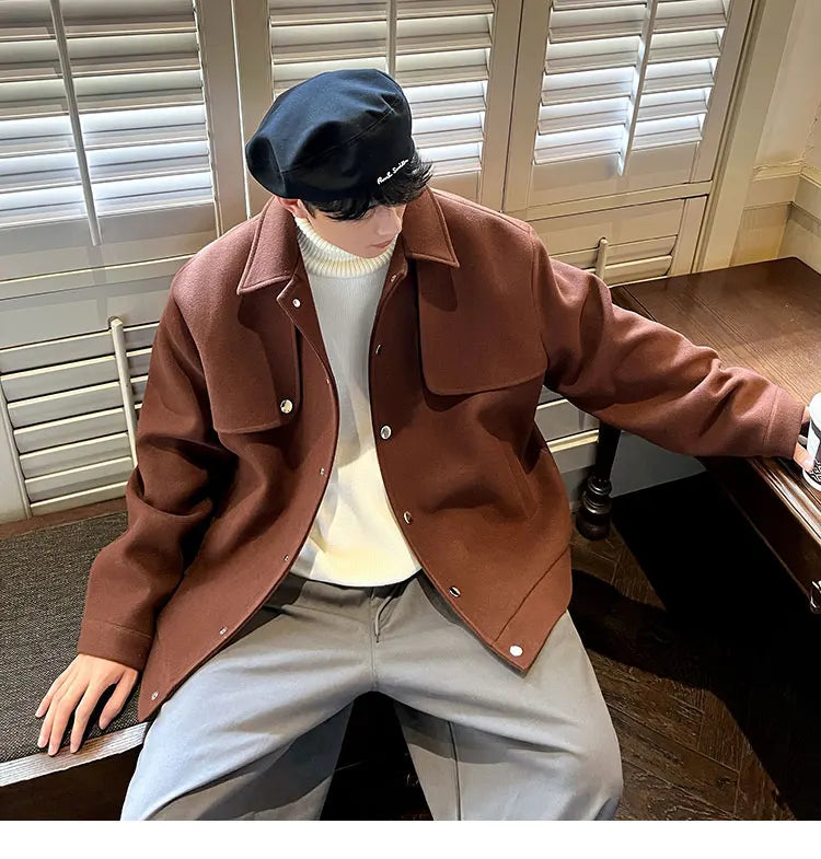 Winter Short Woolen Coat Men Warm Retro Thickened Woolen Jacket Men Streetwear Korean Loose Woolen Coat Mens Oversized Overcoat Street King Limited