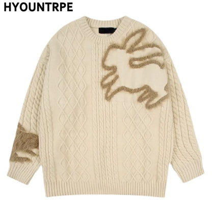 Mens Streetwear Cable Sweater 2023 Fashion Rabbit Pattern Hip Hop Knitted Sweater Pullover Casual Cotton Sweater Unisex Clothes Street King Limited