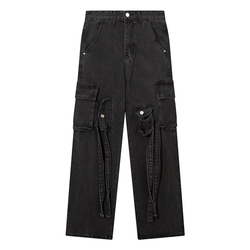 Men Black Jeans Multi-Pocket Distressed Denim Trousers American Vintage Straight Baggy Cargo Pants Hip Hop Streetwear Unisex Street King Limited