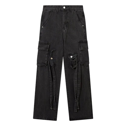 Men Black Jeans Multi-Pocket Distressed Denim Trousers American Vintage Straight Baggy Cargo Pants Hip Hop Streetwear Unisex Street King Limited