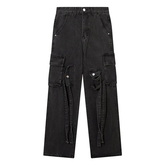 Men Black Jeans Multi-Pocket Distressed Denim Trousers American Vintage Straight Baggy Cargo Pants Hip Hop Streetwear Unisex Street King Limited