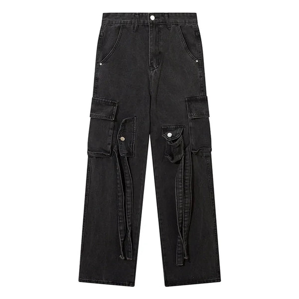 Men Black Jeans Multi-Pocket Distressed Denim Trousers American Vintage Straight Baggy Cargo Pants Hip Hop Streetwear Unisex Street King Limited