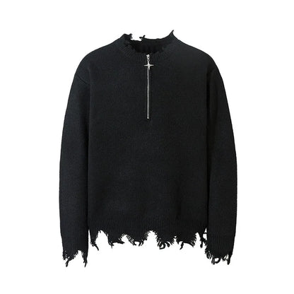 American High Street Mens Sweater 2024 New Autumn Half Zipper Fashion Knitted Tops Damaged Hip-hop Irregular Hem Pullover Street King Limited