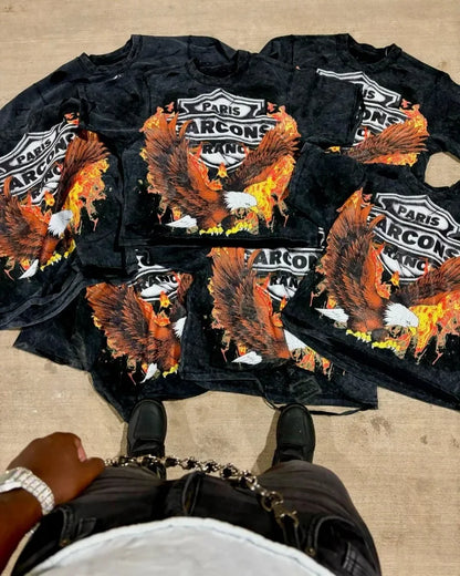 Y2k American High Street Fashion Brand Washed Short-sleeved Women Flame Eagle Print Oversized T-shirt Harajuku Hip-hop Tops Men Street King Limited