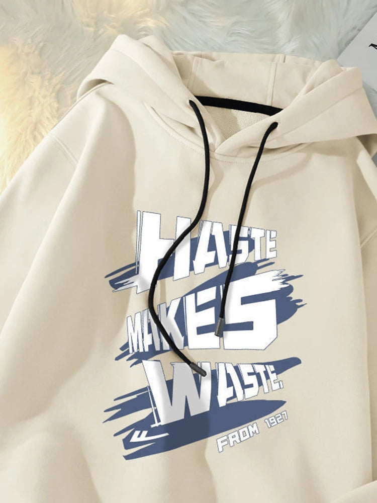 Haste Makes Waste Printed Hoody Man Personality Hip Hop Casual Pullover Hoodies Letter Y2K Streetwear Hooded Sweatshirts Street King Limited