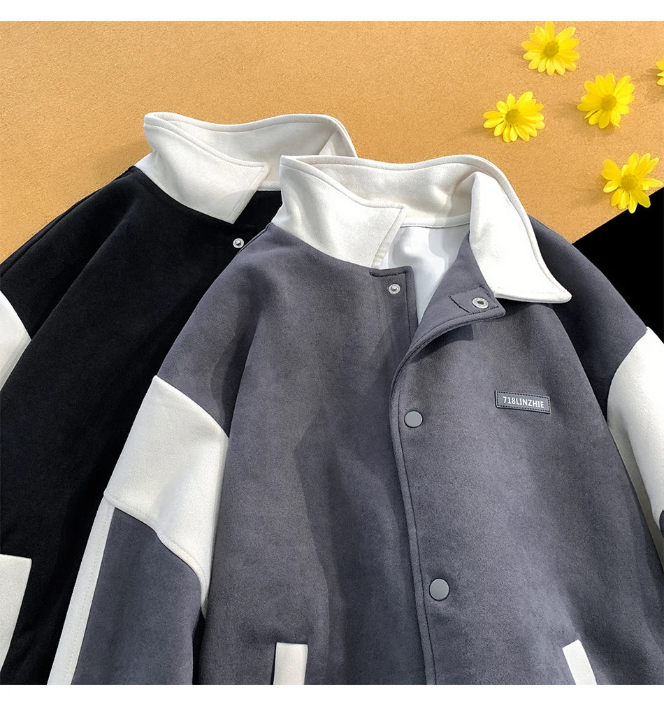 suede baseball jacket 2024 spring men uniform bomber jackets korean streetwear patchwork embroidery label coat unique default style 5054