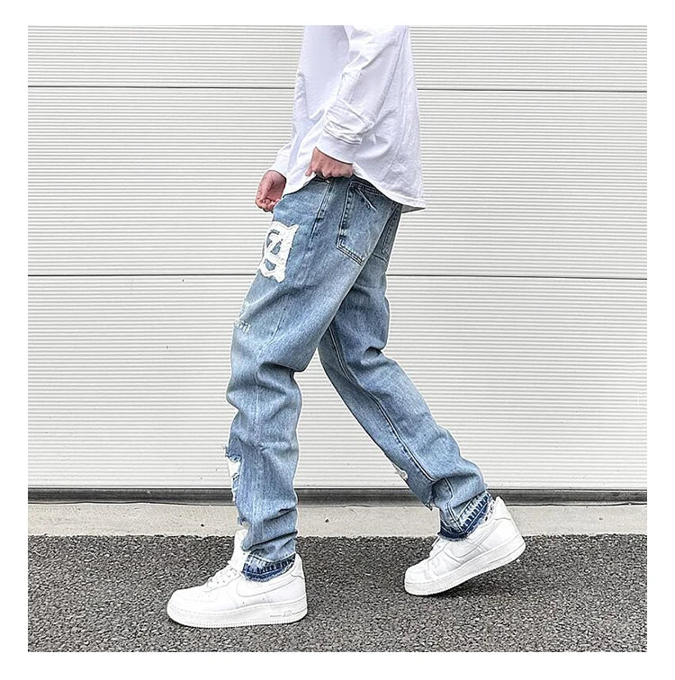 letters patckwork bottom ripped denim jeans men casual straight biker trousers fashion streetwear hip hop jean pants joggers unique joggers style 2725