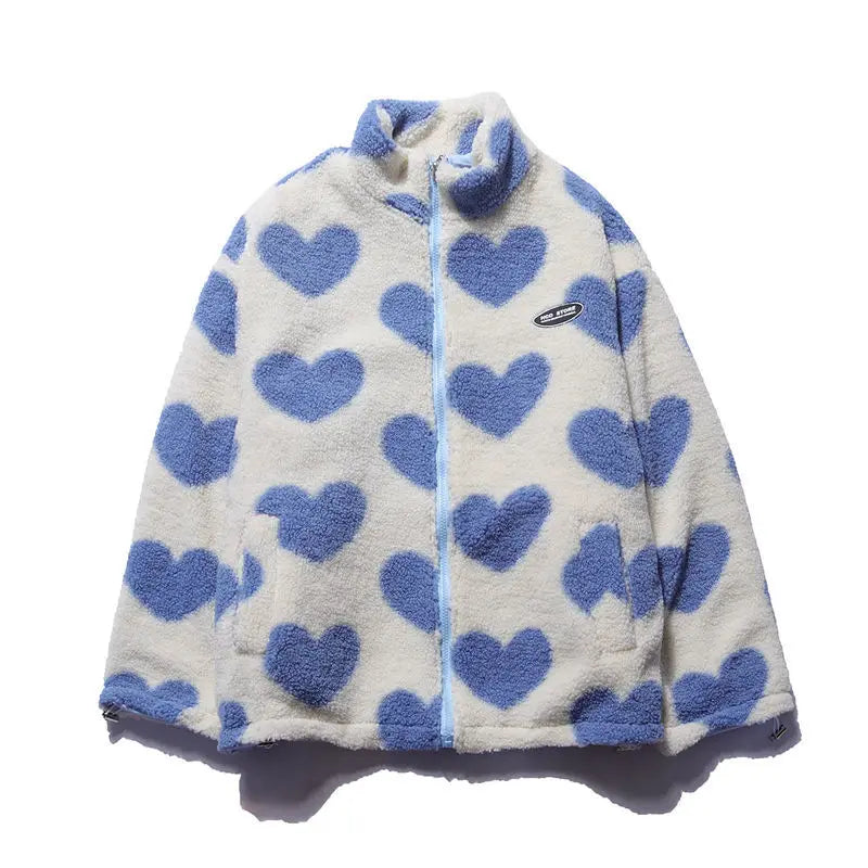 2024 autumn and winter new love lambswool cotton padded jacket double sided collar jacket couple loose jacket warm jacket y2k unique default style 4210