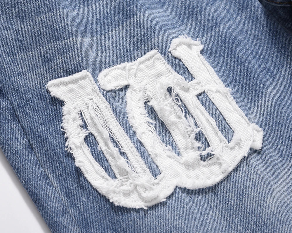Vintage Washed Letter Embroidery Ripped Hole Blue Men's Jeans Straight Frayed Streetwear Hip Hop Loose Unisex Denim Trousers Street King Limited