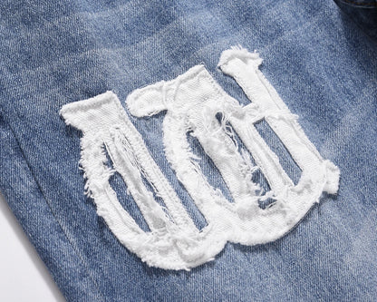 Vintage Washed Letter Embroidery Ripped Hole Blue Men's Jeans Straight Frayed Streetwear Hip Hop Loose Unisex Denim Trousers Street King Limited