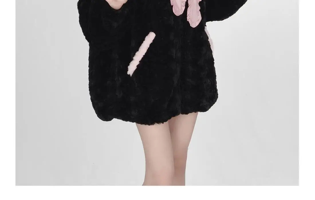 Harajuku Little WildCat Hoodies Women Bodysuit Black Tie Bowknot Cute Loose Goth Coat Y2k Style Kawaii Winter Clothes Women Street King Limited