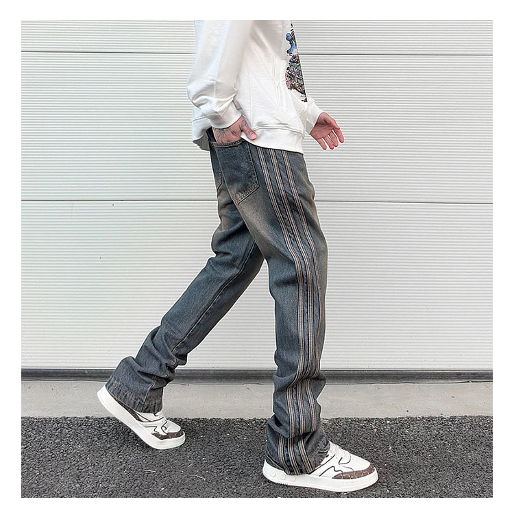 high street vibe washed striped flared jeans dark blue distressed jean casual side stripes slim micro flared jeans pants male unique jeans style 1664
