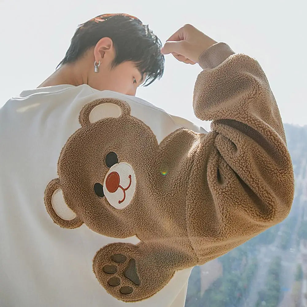 Long-sleeved Round Neck Sweater Lamb Hair Embroidery Flocking Sweater Loose Warm Winter Men's Bear Street King Limited