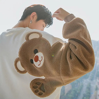 Long-sleeved Round Neck Sweater Lamb Hair Embroidery Flocking Sweater Loose Warm Winter Men's Bear Street King Limited