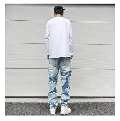ripped irregular patchwork design denim jeans men casual zipper biker trousers jeans fashion streetwear hip hop pants joggers unique joggers style 2612