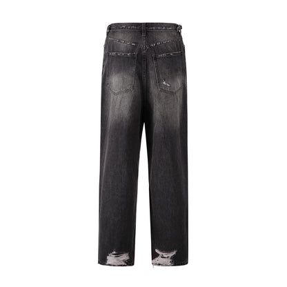 baggy damaged heavy industry washed jeans pants vibe loose casual silhouette straight worn pants knee ripped denim trousers unique jeans style 160
