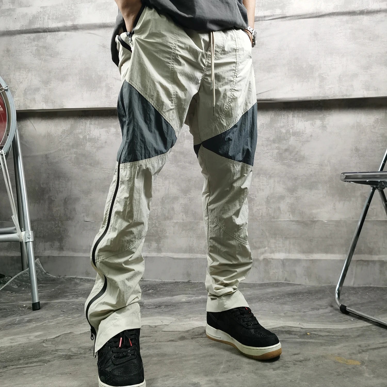 three dimensional adhesive zipper splicing functional patchwork cargo trousers mens high street vibe thin nylon cargo pants utility cargo pants