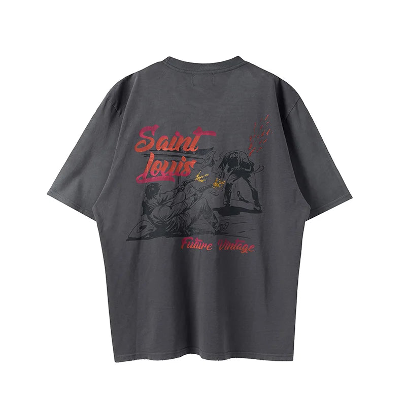 2024ss Saint Louis T-shirts Men Woman Good Quality Cotton Loose Wash White Nightmare Debris Printing Top Tees Street King Limited