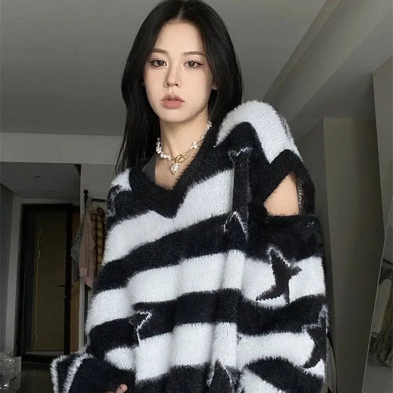 Punk Gothic Long Sweater Women Furry Knitted Sweaters Y2K Streetwear Loose Hollow Out Detachable Pullovers Harajuku Sexy Tops Street King Limited