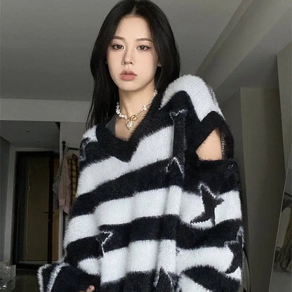 Punk Gothic Long Sweater Women Furry Knitted Sweaters Y2K Streetwear Loose Hollow Out Detachable Pullovers Harajuku Sexy Tops Street King Limited