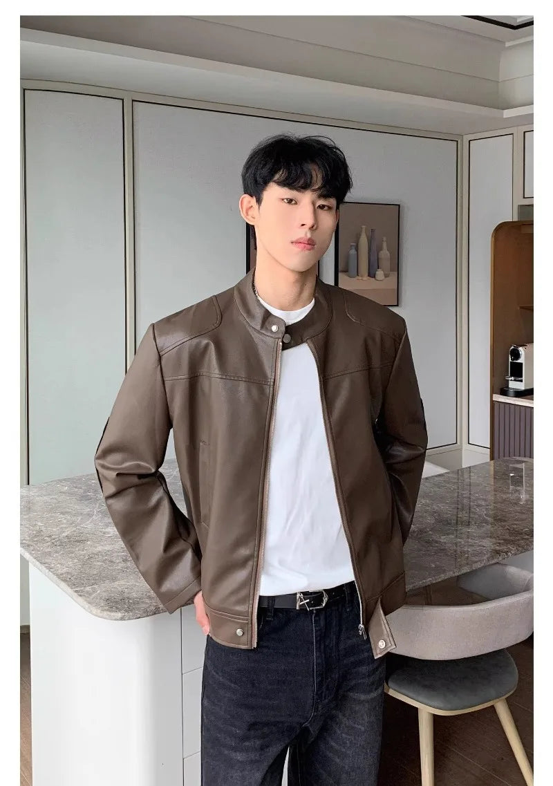 retro american street leather jacket mens autumn 2024 motorcycle standing collar trendy short coat zipper loose bomber outwear unique shorts style 2667