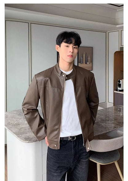 retro american street leather jacket mens autumn 2024 motorcycle standing collar trendy short coat zipper loose bomber outwear unique shorts style 2667