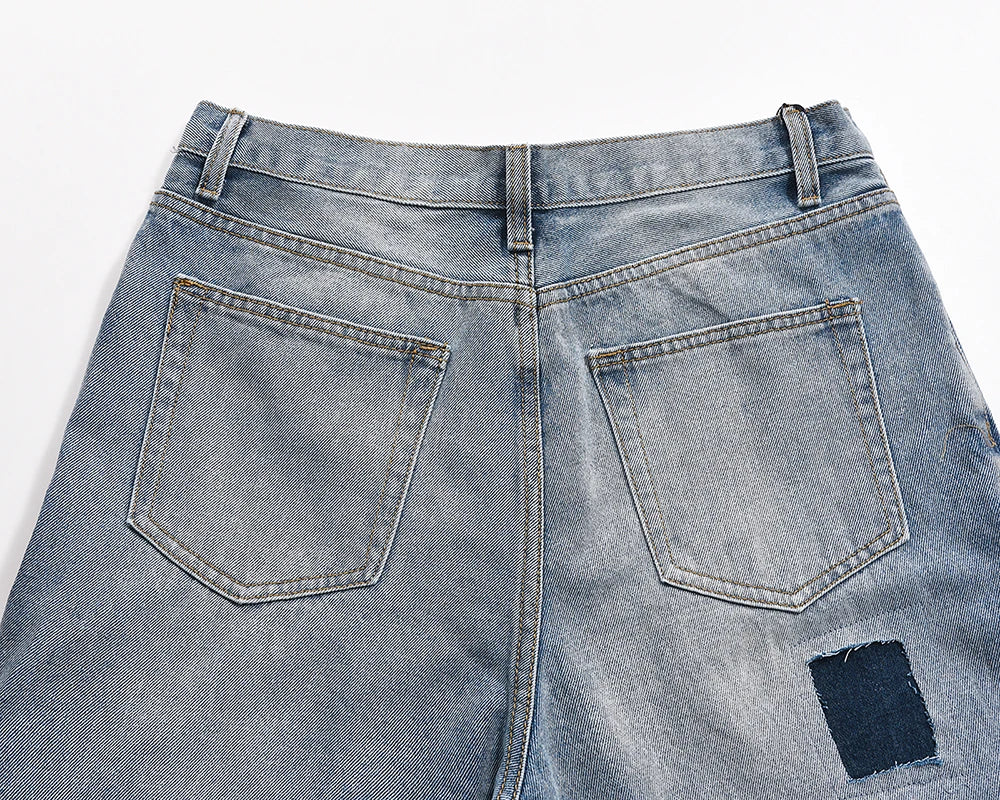 high street patchwork hole ripped baggy jeans for men straight pocket washed distressed casual denim trousers oversized unique jeans style 4027