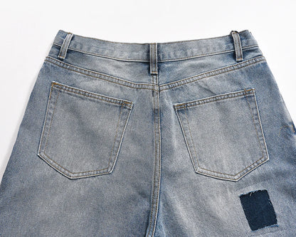high street patchwork hole ripped baggy jeans for men straight pocket washed distressed casual denim trousers oversized unique jeans style 4027