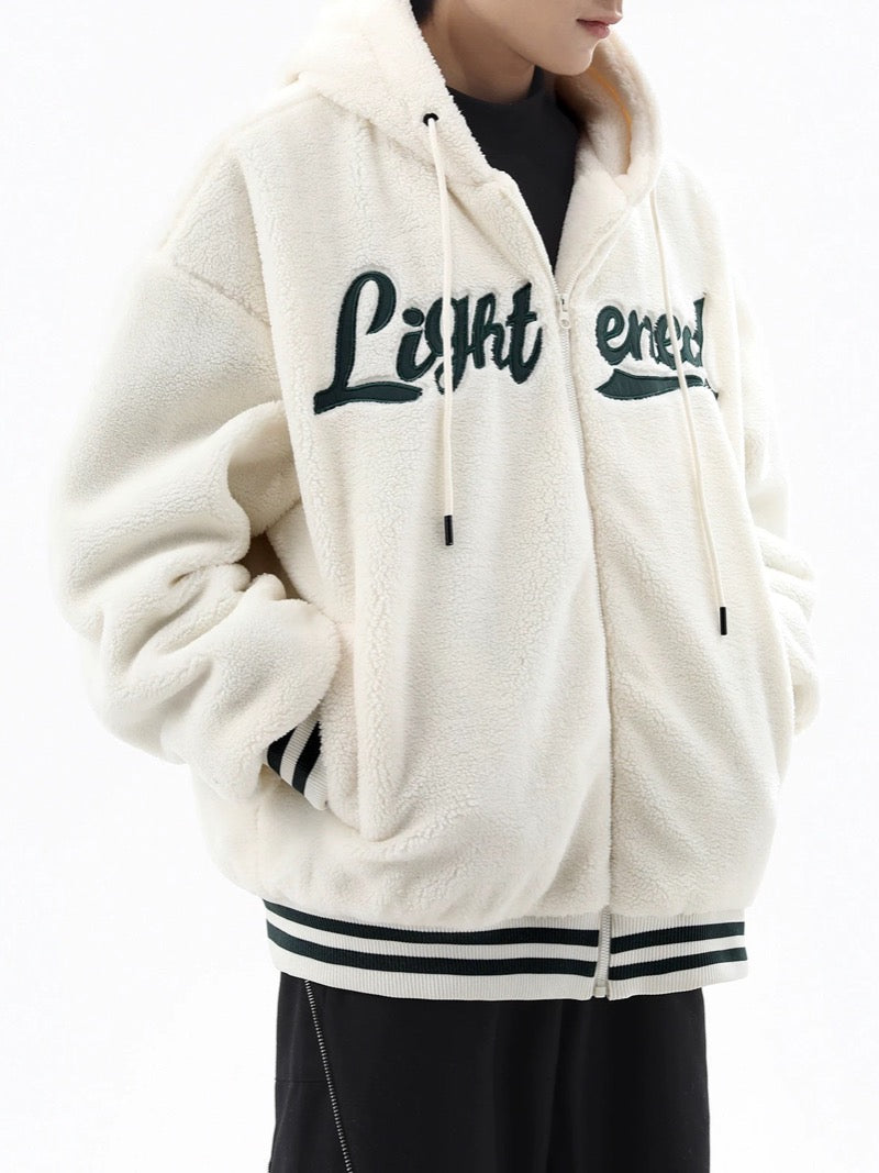 men fleece jackets and coats casual letter embroidery hairy zipper hooded outerwear warm streetwear parkas loose bomber jacket unique default style 3461