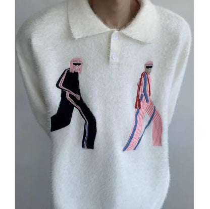 Korean Embroidery Lapel Sweater Mens Spring Street Trends Soft Seahorse Hair Loose Pullover Thickening Y2K Couple Knitwear New Street King Limited