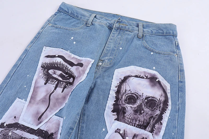fashion skull graffiti patchwork denim jeans mens zipper jeans hip hop streetwear casual harajuku straight joggers jeans pants unique joggers style 5481