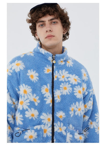 rainbowtouches cotton padded thick parkas jackets streetwear hip hop daisy print fleece warm full zip coats harajuku outwear unique default style 4409