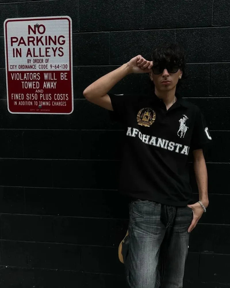 Streetwear American Street Hip Hop Fashion Letter Printed Lapel Short Sleeved Y2K 2024 American Street Hip Hop Fashion Letter Printed Lapel Short Sleeved Y2K Rock Punk Retro Casual Loose Polo Shirt Tops Men Fashion Sweater Jacket With Graphic Design For Men
