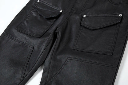 Y2k Front Pocket Wax Pu Leather Pants for Men Straight Slim Casual Overall Ropa Hombre High Street Loose Cargos Oversized Street King Limited