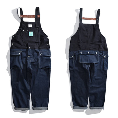 2023 summer cargo overalls pants men patchwork denim jumpsuits loose work pants solid color casual streetwear cargo trousers unique cargo style 4329