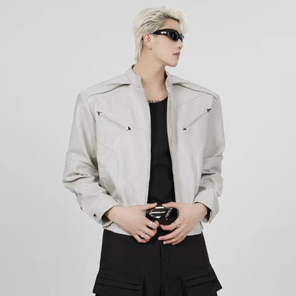 short pu leather jacket men shoulder pad stand collar trend bomber outwear 2023 korean streetwear zipper unisex motorcycle coat relaxed fit shorts