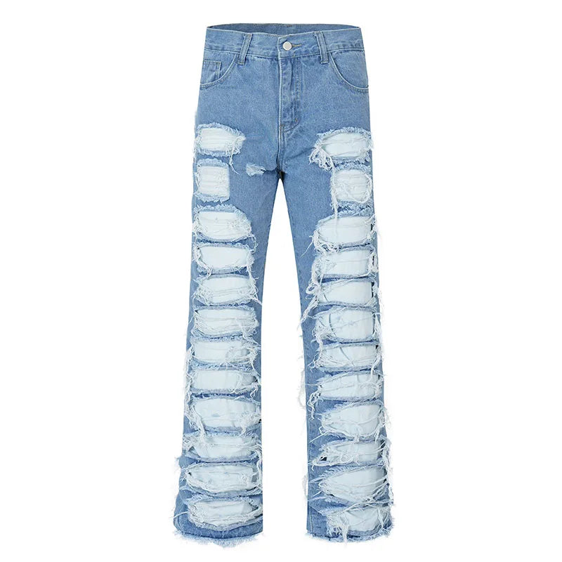 fashion destroyed ripped tassel holes denim jean pants mens casual loose straight baggy y2k jeans hip hop streetwear joggers unique joggers style 4482
