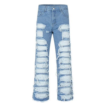 fashion destroyed ripped tassel holes denim jean pants mens casual loose straight baggy y2k jeans hip hop streetwear joggers unique joggers style 4482