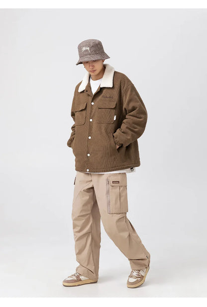 fashion men lamb fleece polo collar cotton padded coat winter embroidery loose thicken warm corduroy wadded jacket male outwear unique default style 6040