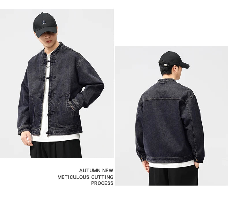 men spring autumn streetwear fashion retro loose casual plus size stand collar denim jacket man jeans coat outerwear unique jeans style 903