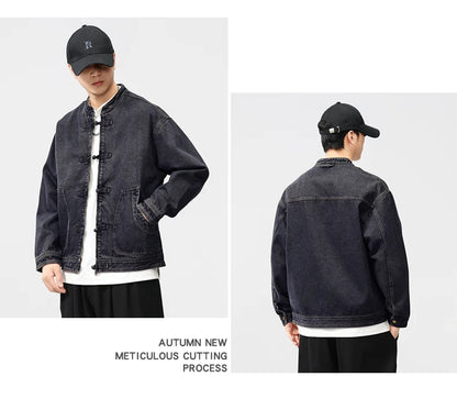 men spring autumn streetwear fashion retro loose casual plus size stand collar denim jacket man jeans coat outerwear unique jeans style 903