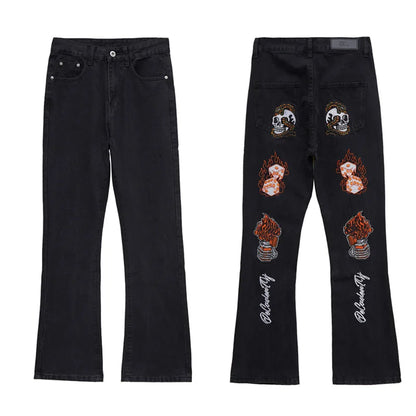 fashion back skull letters embroidery denim flare jeans mens zipper straight trouser hip hop streetwear pants joggers jeans men unique joggers style 5097