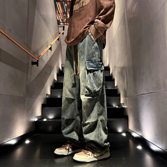 Washed Distressed Cargo Pants High Street Style Men's Jeans Side Pockets Denim Wide-leg Trousers Casual Loose Trousers Street King Limited