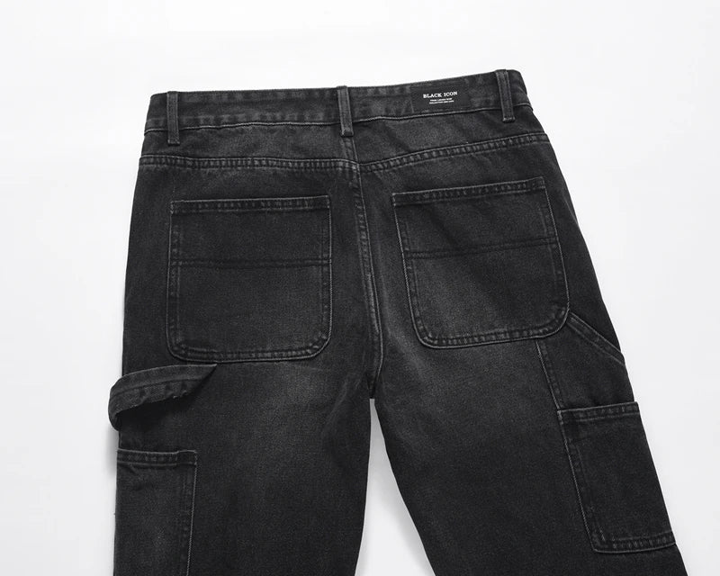 high street patchwork ripped black jeans pants for men straight retro casual sashes pockets denim trousers oversized loose jean unique jeans style 2833