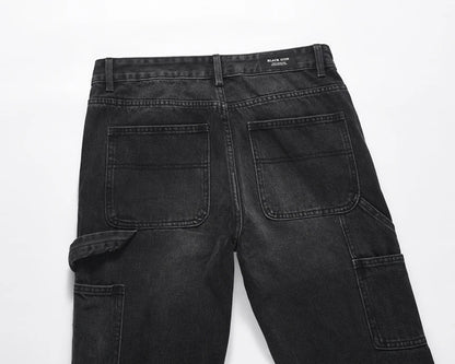 high street patchwork ripped black jeans pants for men straight retro casual sashes pockets denim trousers oversized loose jean unique jeans style 2833